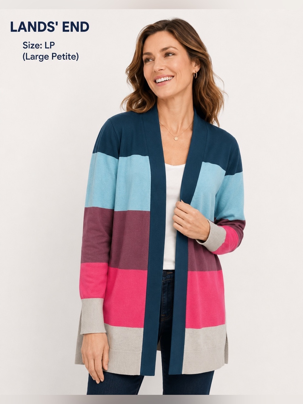 LANDS  END women Colorblock open long cardigan casual classic style /size LP